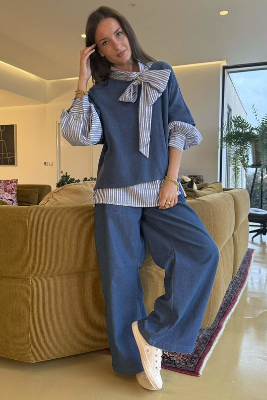 Nantucket Stripe Tie Neck Blouse Dark Denim